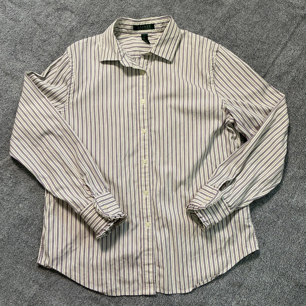 Lauren Ralph Lauren Striped Cotton Ruffle Cuff Button Down Shirt Purple Green L